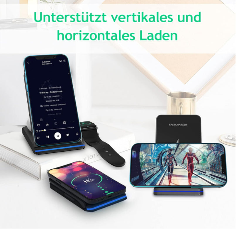 Wireless Charger 3 in 1 Induktive Ladestation 15W Kabellos Ladegerät Mit Adapter